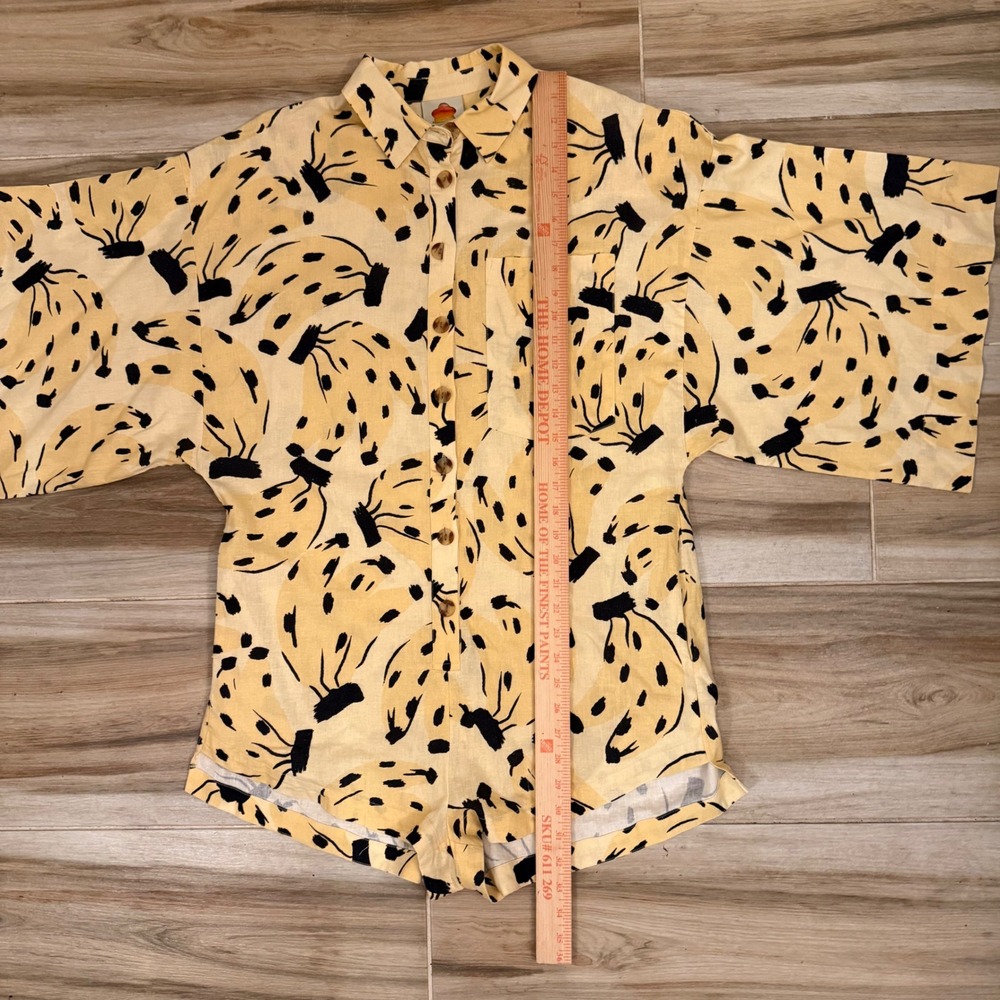 Farm Rio Banana Print Linen Blend Button Down Romper Yellow Black Small - Picture 7 of 8